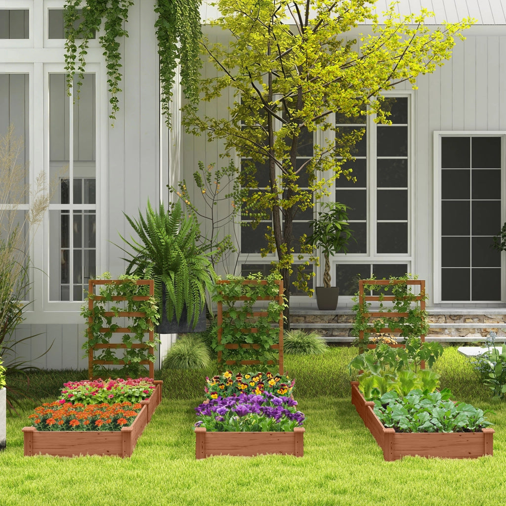 Aiuola da giardino rialzata con fioriera e traliccio-Kit di fioriere in legno per fiori 235x63x102cm Caffè