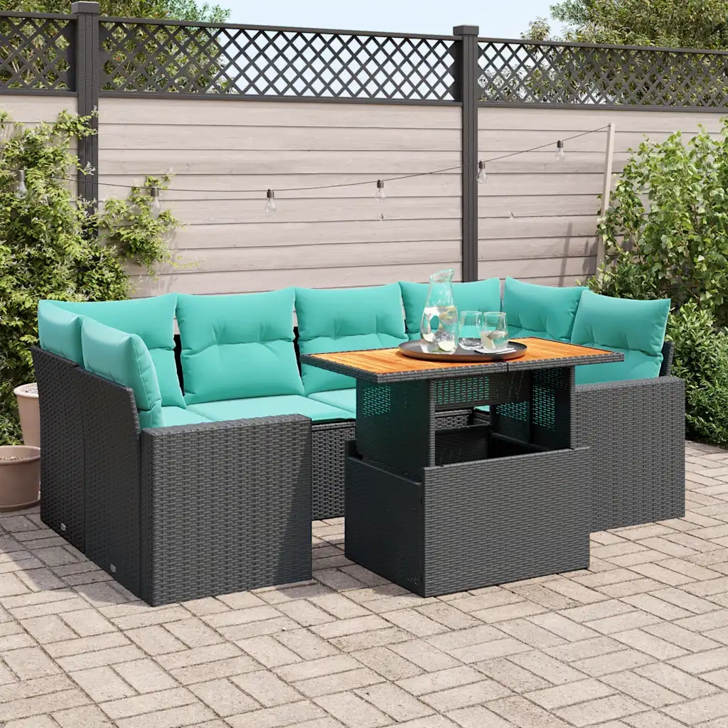 Set Divani da Giardino con Cuscini 7pz Nero Polyrattan