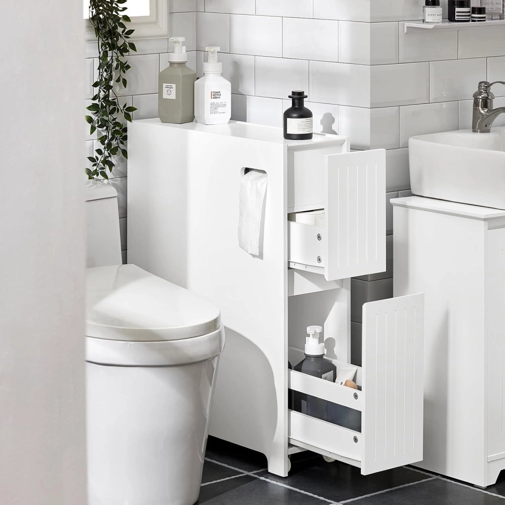 Stretto Mobiletto Bagno con Rotelle 20cm– Carrellino Salvaspazio con Cassetto per Conservare Carta Igienica, Mobile Bagno in Legno, Bianco, 20x75x60cm, BZR111-W