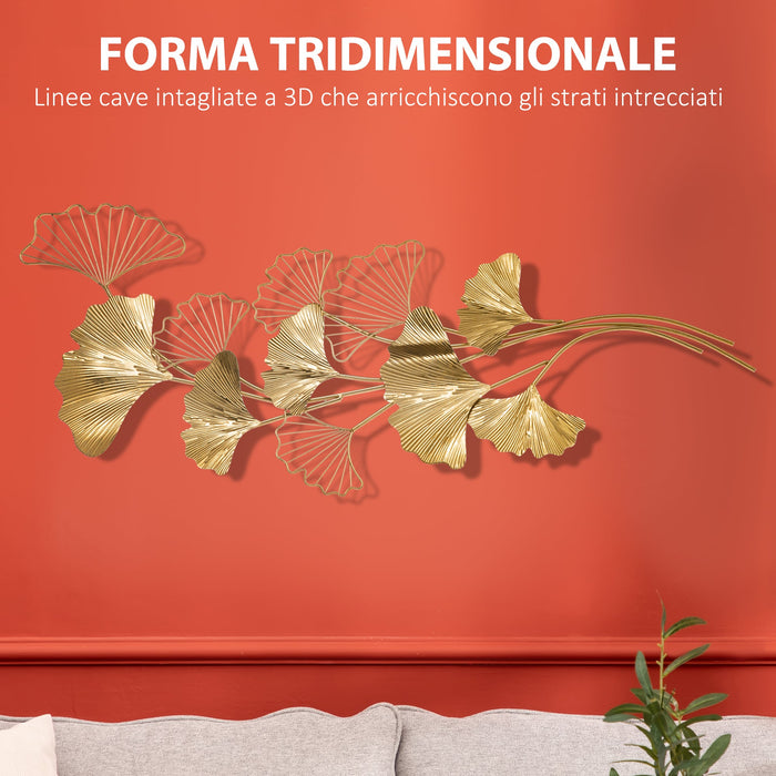 Decorazione Murale 3D 138x70 cm in Metallo Wall Art Dorata con Foglie di Ginkgo