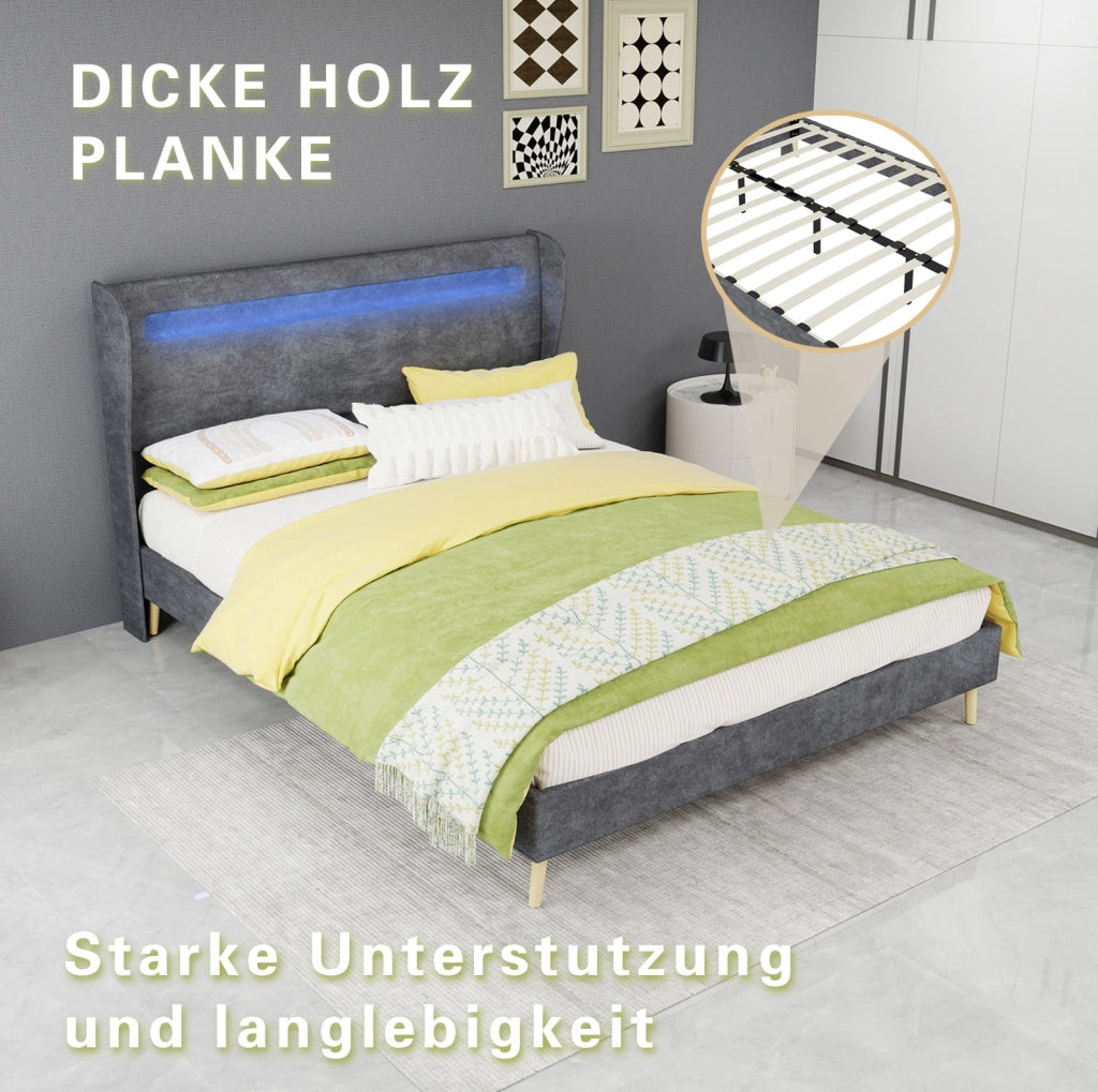 Letto basso 140x200 cm con testiera regolabile e LED multicolore; tessuto e metallo; grigio