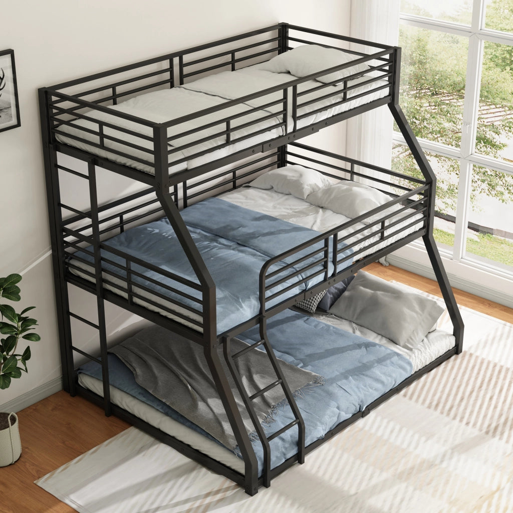 DESMIU Letto a castello 90 × 200 cm 3 posti con scala reversibile e sponde, senza materasso, in metallo, nero