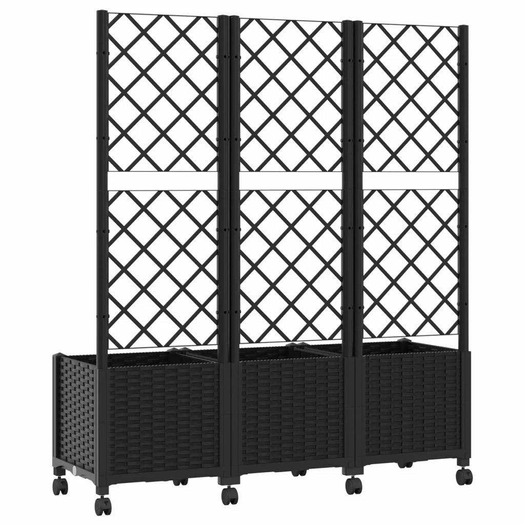 Vaso da giardino con grigliato e ruote Nero 120 x 40 x 146 cm 3423057