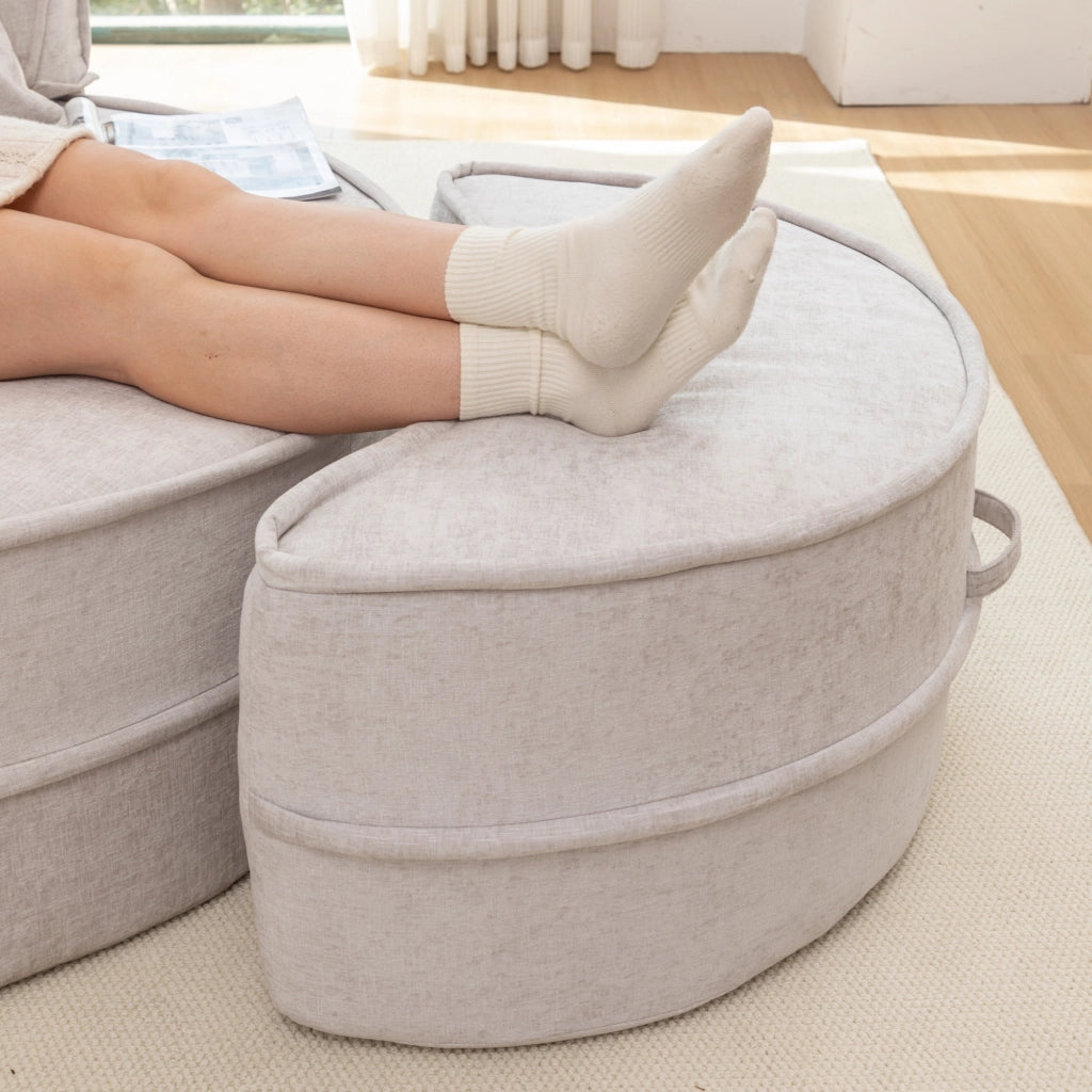 Poltrona lounge rotonda senza montaggio con ottomana, 5 cuscini, tessuto Chenille grigio
