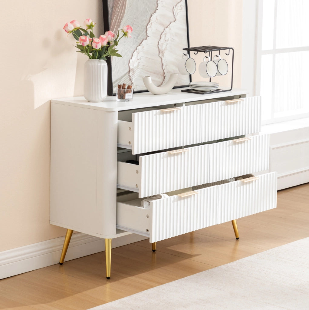 Comò bianco a 6 cassetti 105x40x80 cm con chiusura ammortizzata e piedini alti