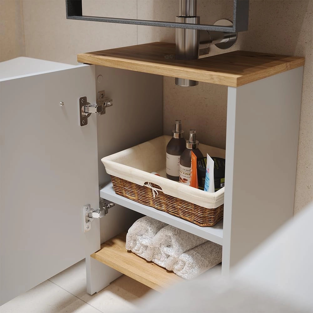 Mobile sottolavabo per bagno Karli, Rovere bianco/dorato, 38.2 x 57 cm con la porta
