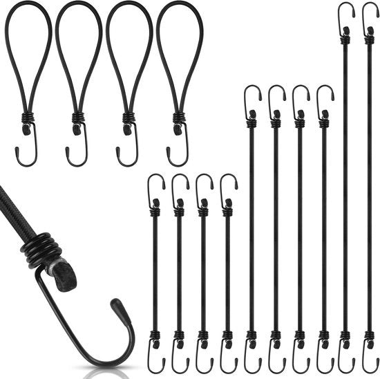 Set di cinture di fissaggio in nero, 10 pezzi, e set di cinghie elastiche in nero, 4 pezzi, per fissaggio.