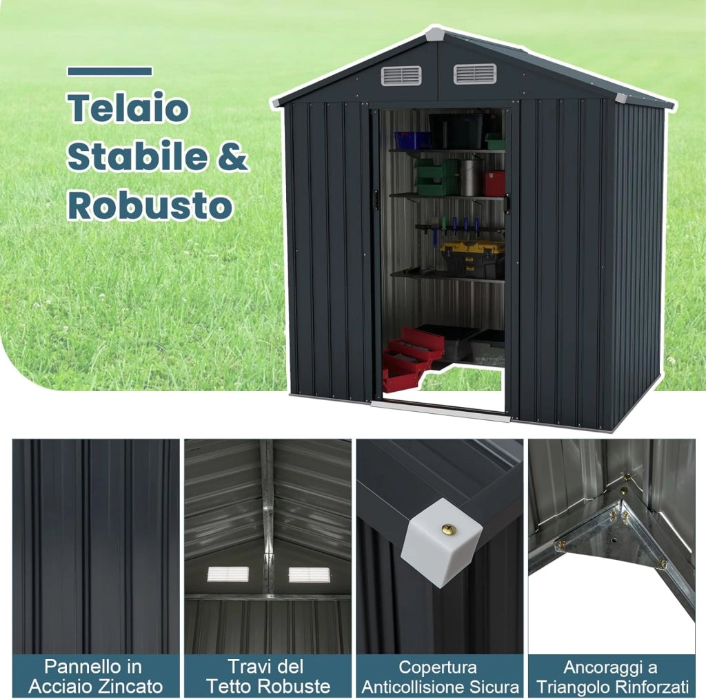 Casetta da Giardino 3,25 m³, Capanni da Esterno Porta Attrezzi Multifunzionale con Tetto Inclinato, Porte Scorrevoli, Ventilazione e Telaio Metallico Zincato 192,5 x 129 x 196 cm