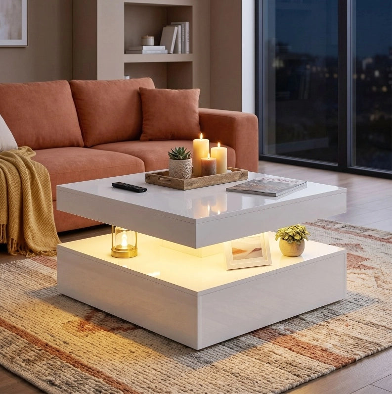 Tavolino da caffè 89.0x89.0x14.0 cm con LED RGB a 7 colori; ripiano aperto; pannello di fibra; bianco lucido