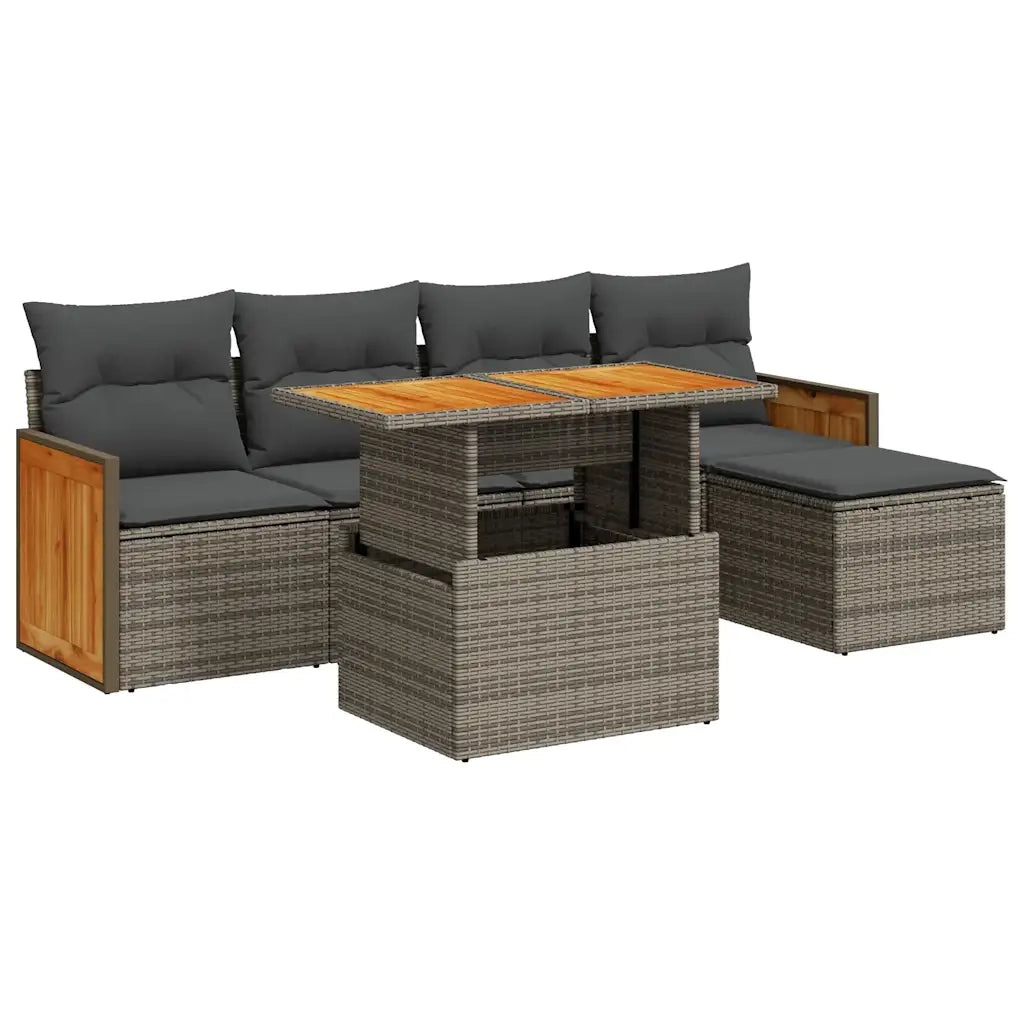 Set Divano da Giardino 6pz con Cuscini Grigio Polyrattan Acacia