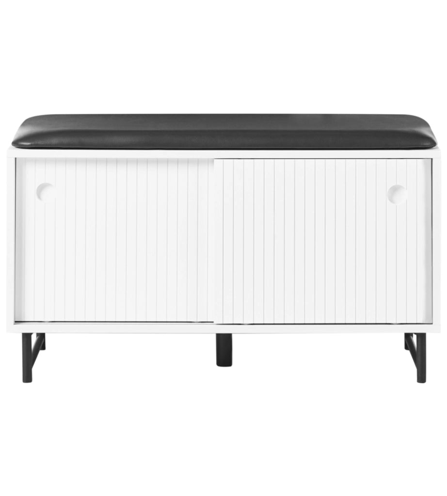 Mobile porta scarpe in MDF bianco a 2 scomparti con seduta imbottita e ante scorrevoli, design scandinavo, ingresso