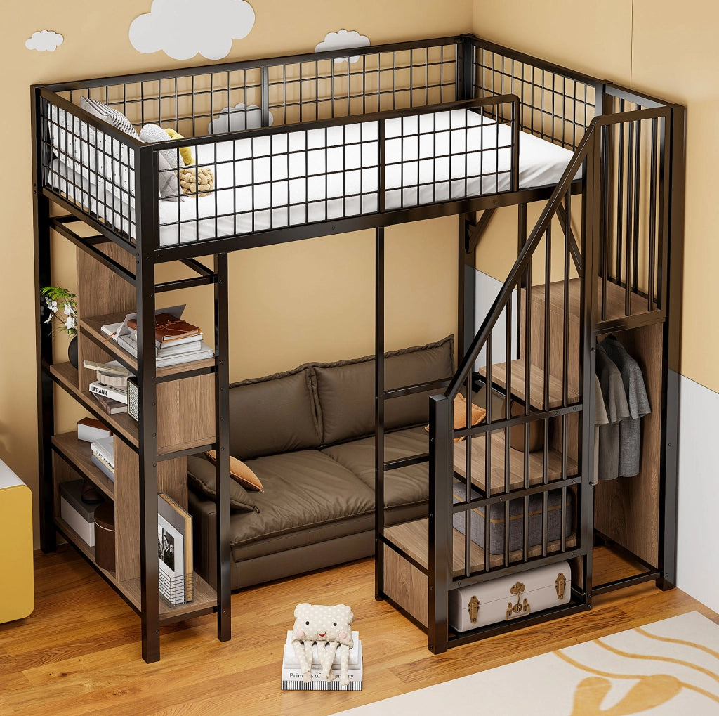 Letto a soppalco 90x200 cm con scala contenitore; struttura in metallo e legno; nero