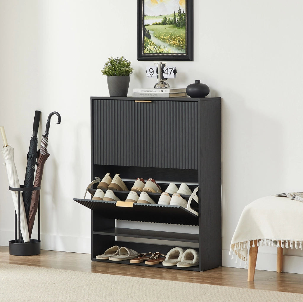 Scarpiera 80x24x102 cm in MDF nero con frontale scanalato， per ingresso