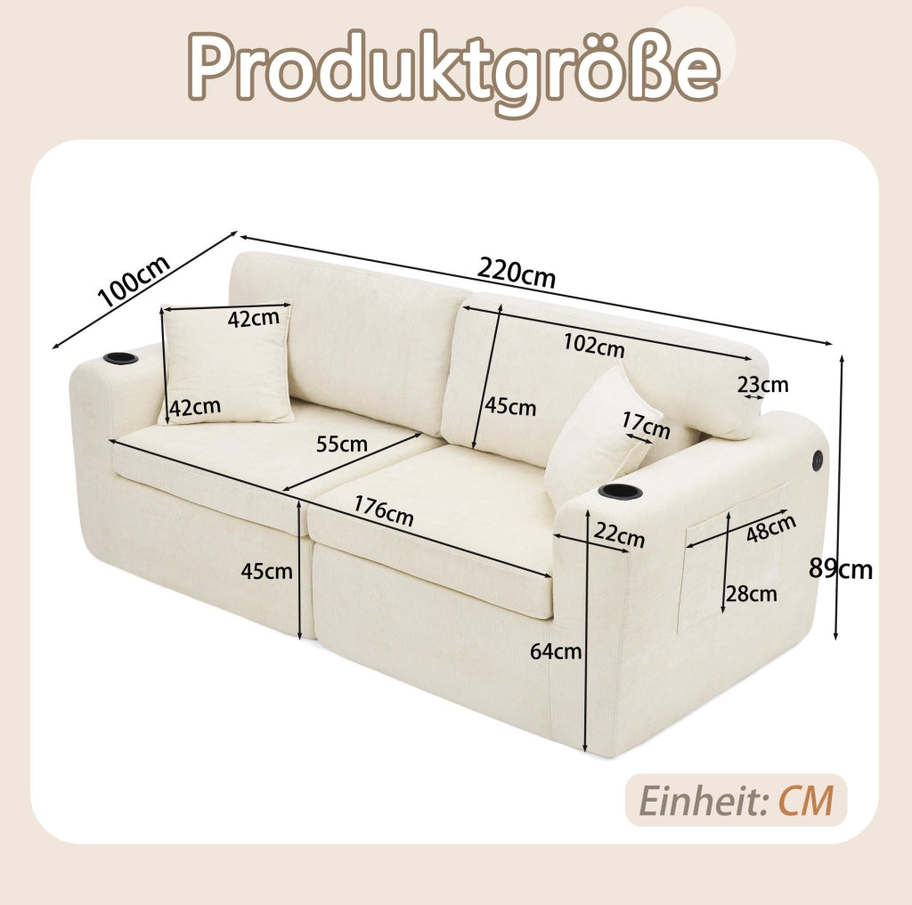 Divano relax 2 posti in ciniglia beige con ricarica USB; tasche laterali e portabevande