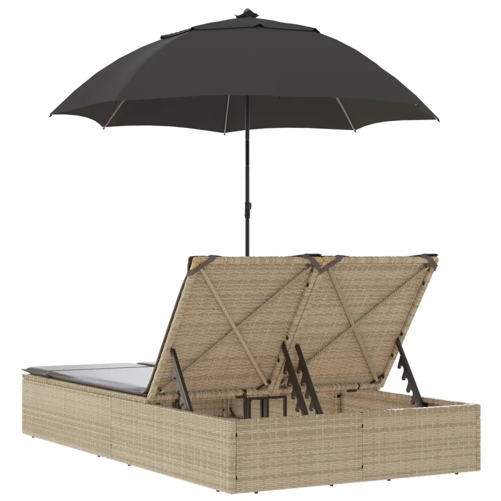 Lettino Prendisole | Sdraio da giardino | Lettino da sole Doppio Cuscini e Parasole Beige Polyrattan