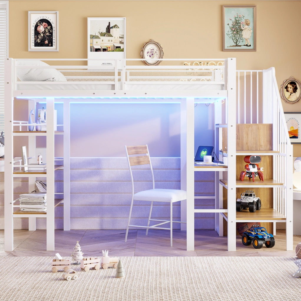 Letto a soppalco 90x200 multifunzionale con scrivania, ripiani e luce LED