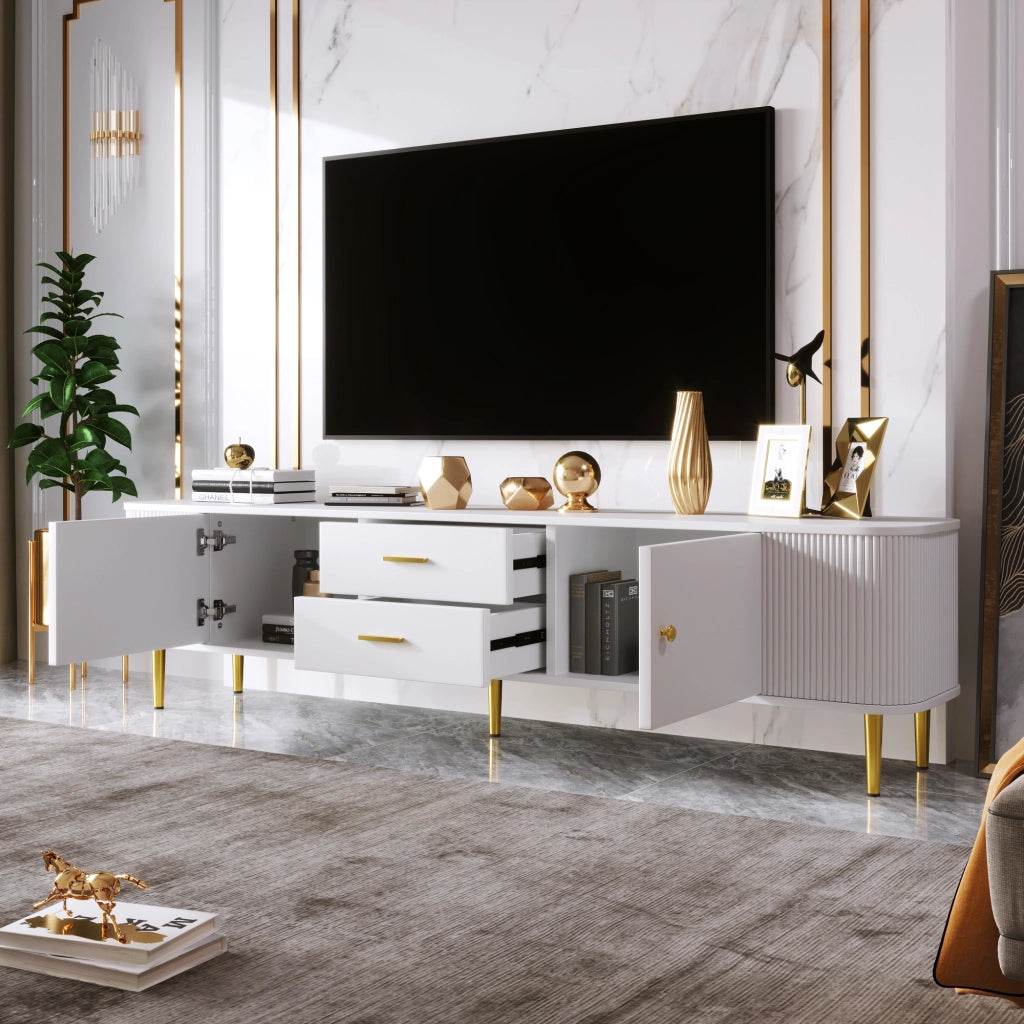 Mobile TV con 2 Ante e 2 Cassetti; Angoli Arrotondati; Fianchi Ondulati; Gambe Dorate; in MDF; Bianco; 170??34??45 cm