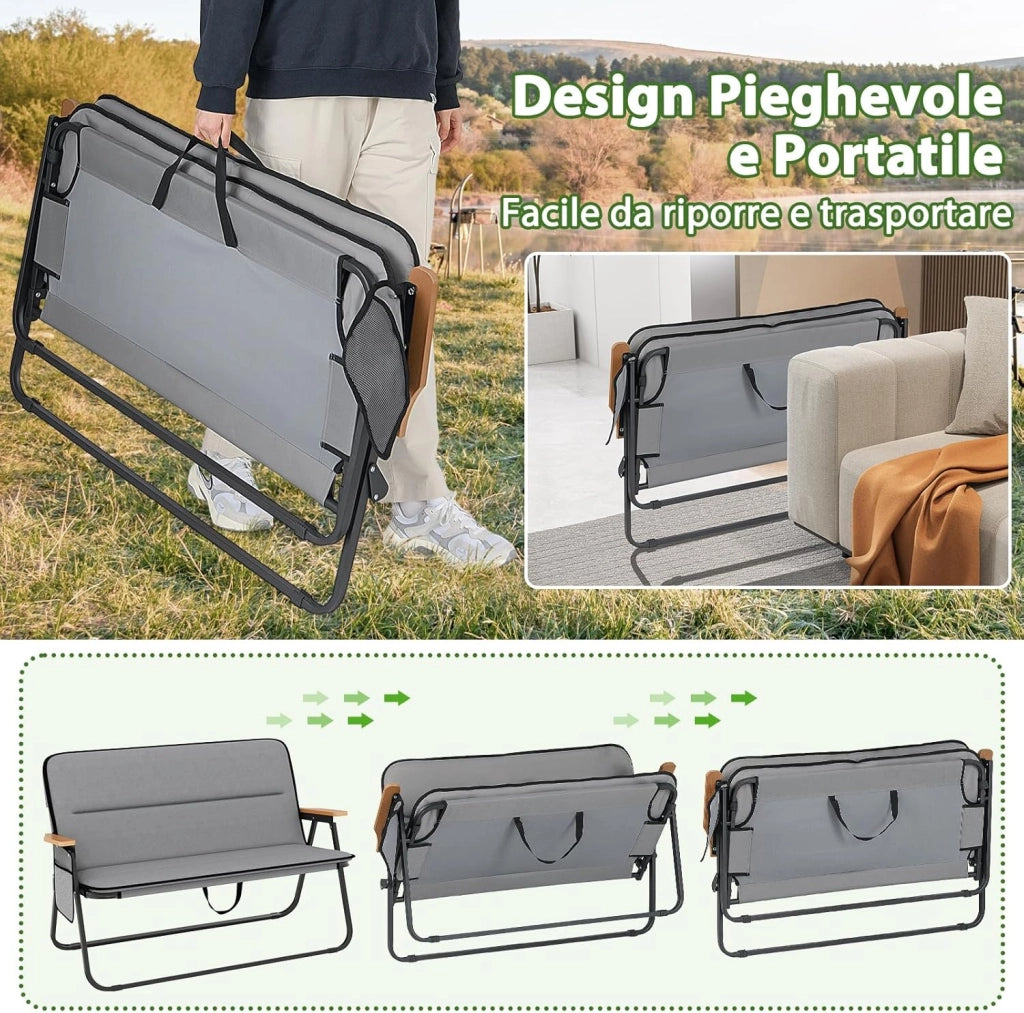 Sedia da Campeggio Pieghevole a 2 Posti, Panca da Campeggio con Cuscino Rimovibile, Tasca Laterale, Braccioli, Sedia da Giardino Portatile a Carico Pesante per Esterni, Portata 300 kg