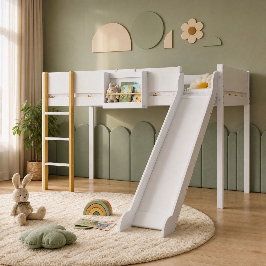 Letto a soppalco per bambini 90x200 cm con scala a 3 gradini; scivolo e mensola removibile; bianco