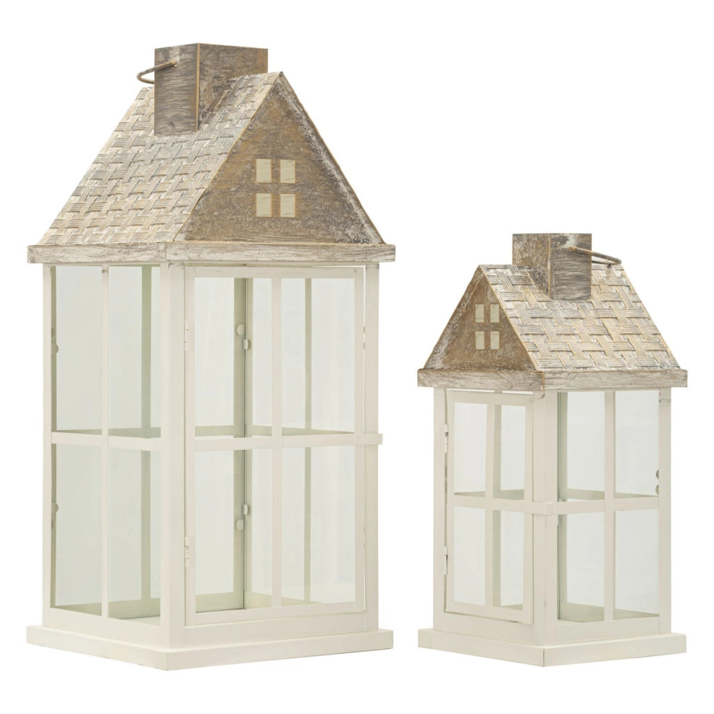 Set di due lanterne Home in legno e metallo con tetto spiovente