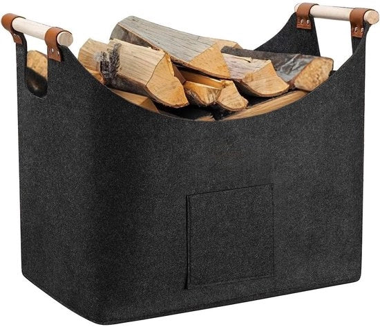 Brandhoutmand con maniglia in legno - Opvouwabile - Borsa in vilt - colore grigio scuro - 45 x 32 x 40 cm - Capacità extra grande - Brandhoutmand con capacità di stoccaggio extra grande