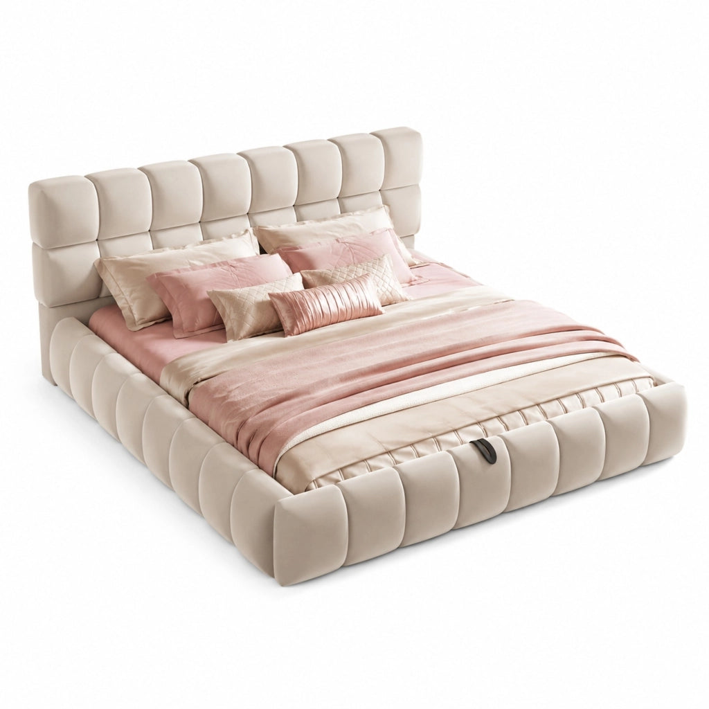 Letto matrimoniale imbottito 140x200 cm con contenitore idraulico in velluto beige