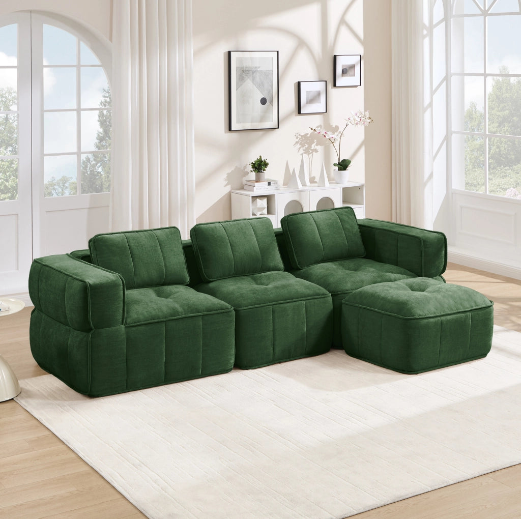Divano modulare angolare 3 posti con pouf 271x162x67 cm in poliestere verde