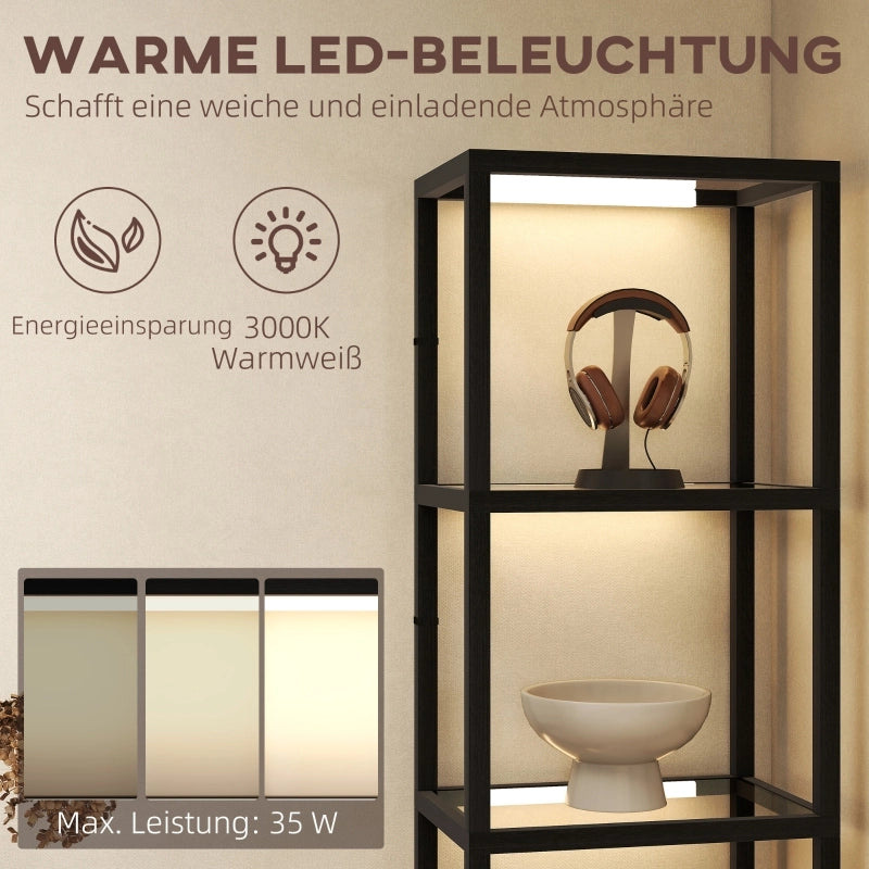 Lampada da terra a LED con ripiano a 4 livelli, ripiano illuminato con 4 scomparti in vetro, interruttore a pedale, MDF, nero