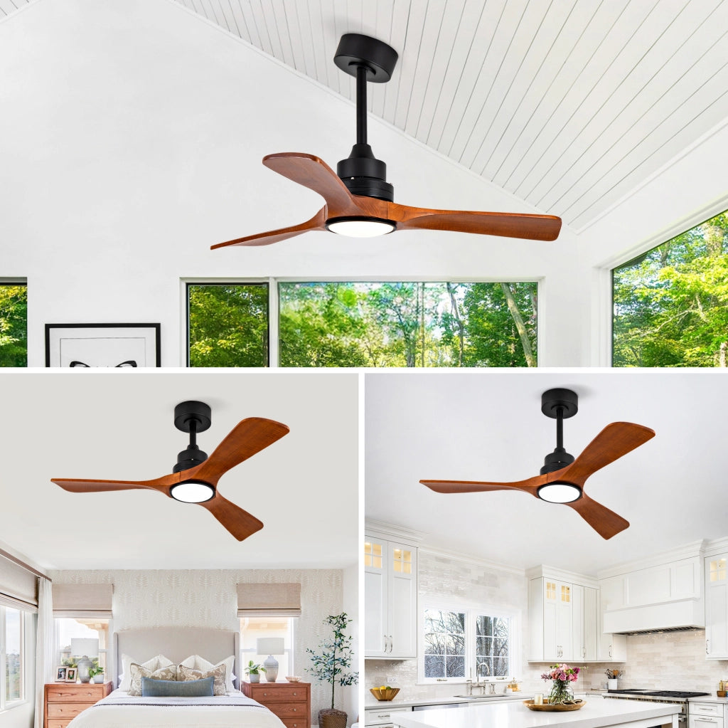 Ventilatore da soffitto con luce 42 pollici; 3 pale in legno noce; nero e noce scuro