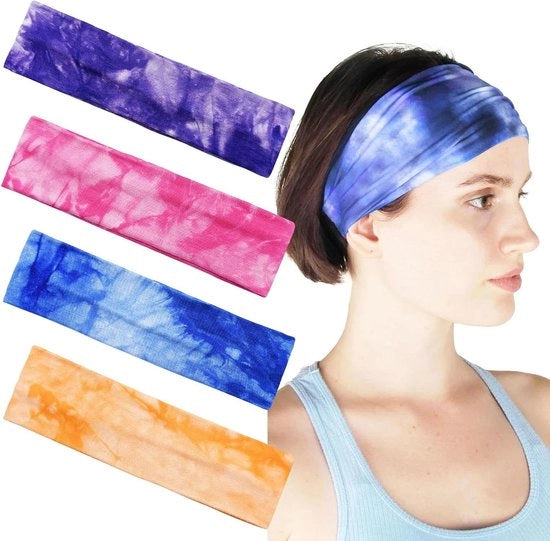 Cintura per capelli - yoga e corsa - 4 pezzi - tie-dye - elastica - cotone - stile boho - sport - bende per sudore - donne