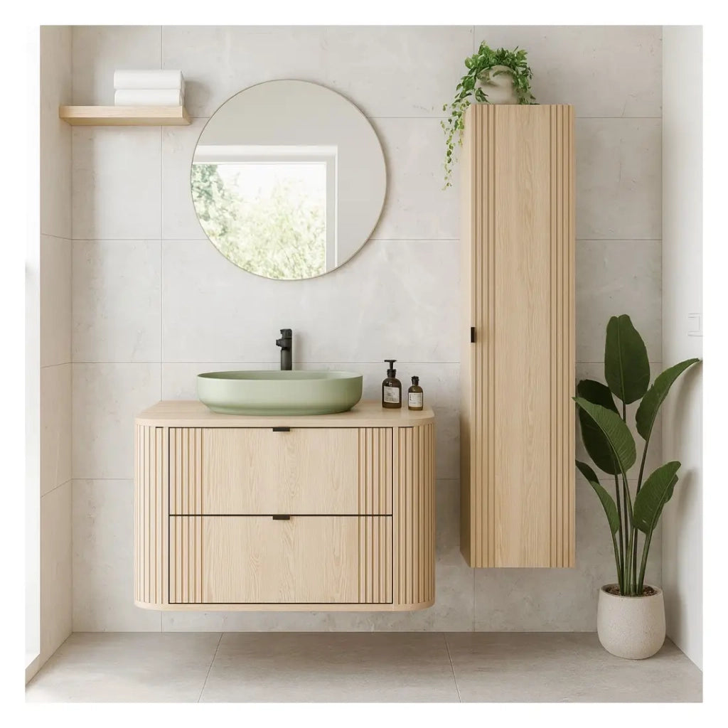 Set da bagno KORI: mobile sottolavabo 80cm + piano per lavabo + lavabo da appoggio + colonna di stoccaggio
