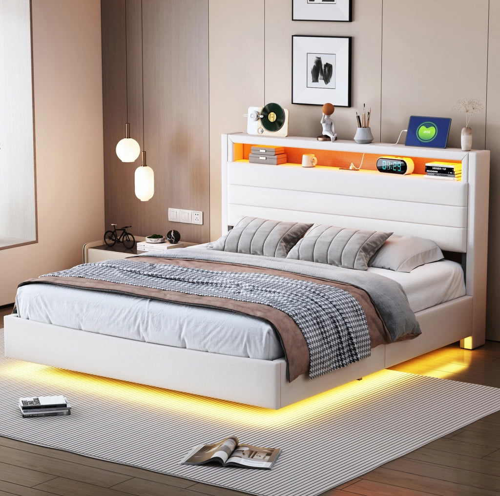 Letto imbottito 140x200 cm con contenitore idraulico; LED; USB e testiera reversibile beige