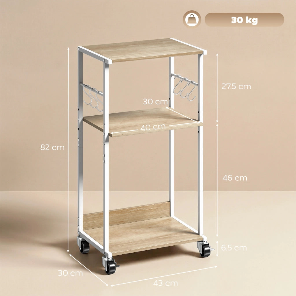 3-Livelli Stampante Supporto con Ruote e Ganci, Tavolino Moderno, Naturale.