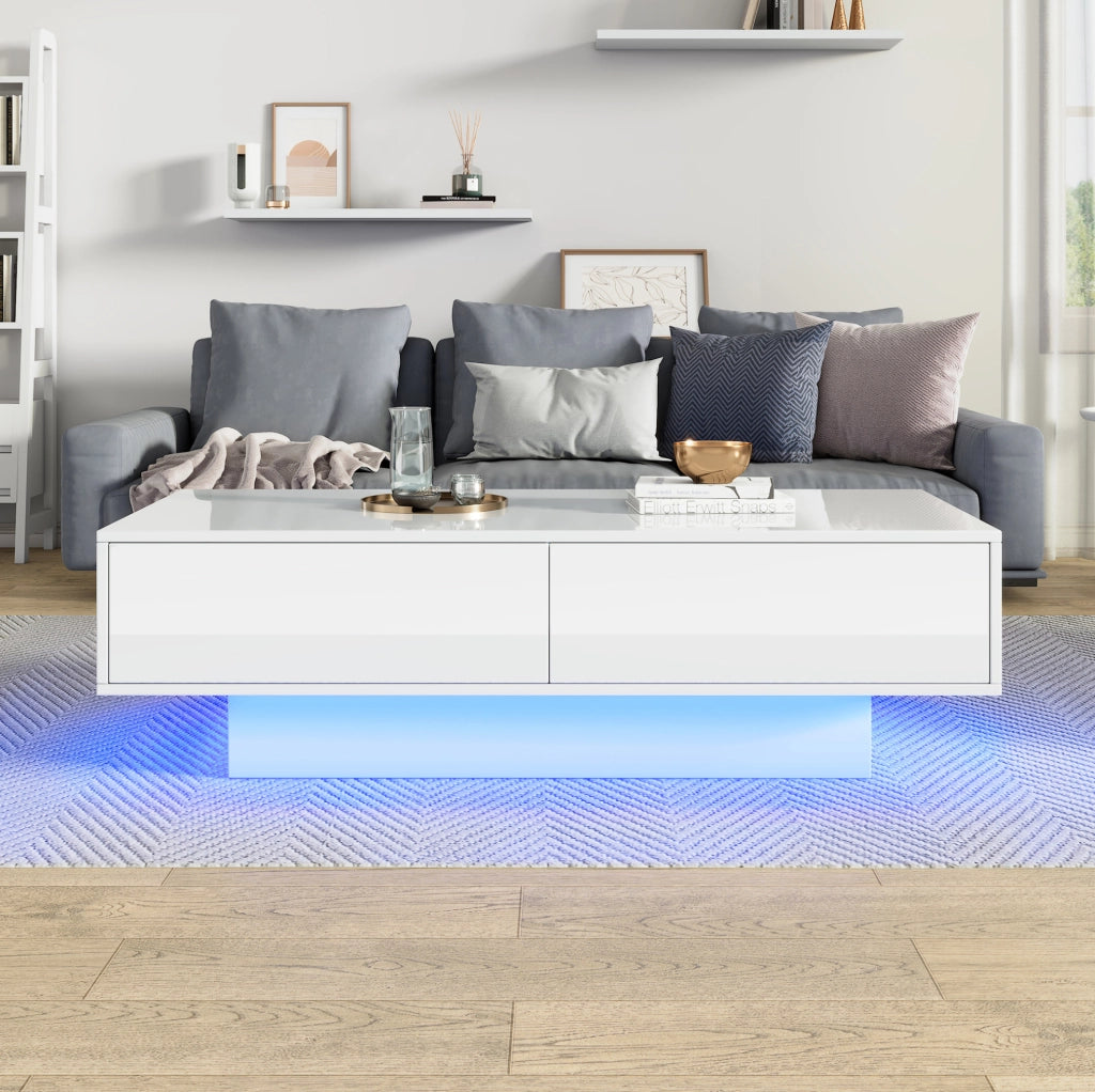 Tavolino da caffè bianco lucido 115 x 55 x 34 cm con 2 cassetti e LED
