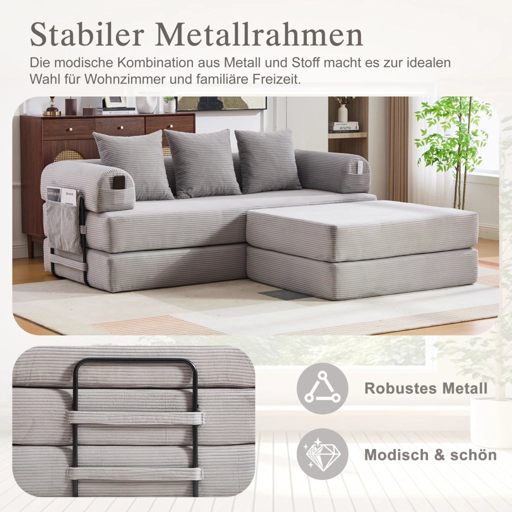 SOFA MODULARE in corduroy 200x190x67 cm Grigio Chiaro con 3 cuscini e poggiapiedi