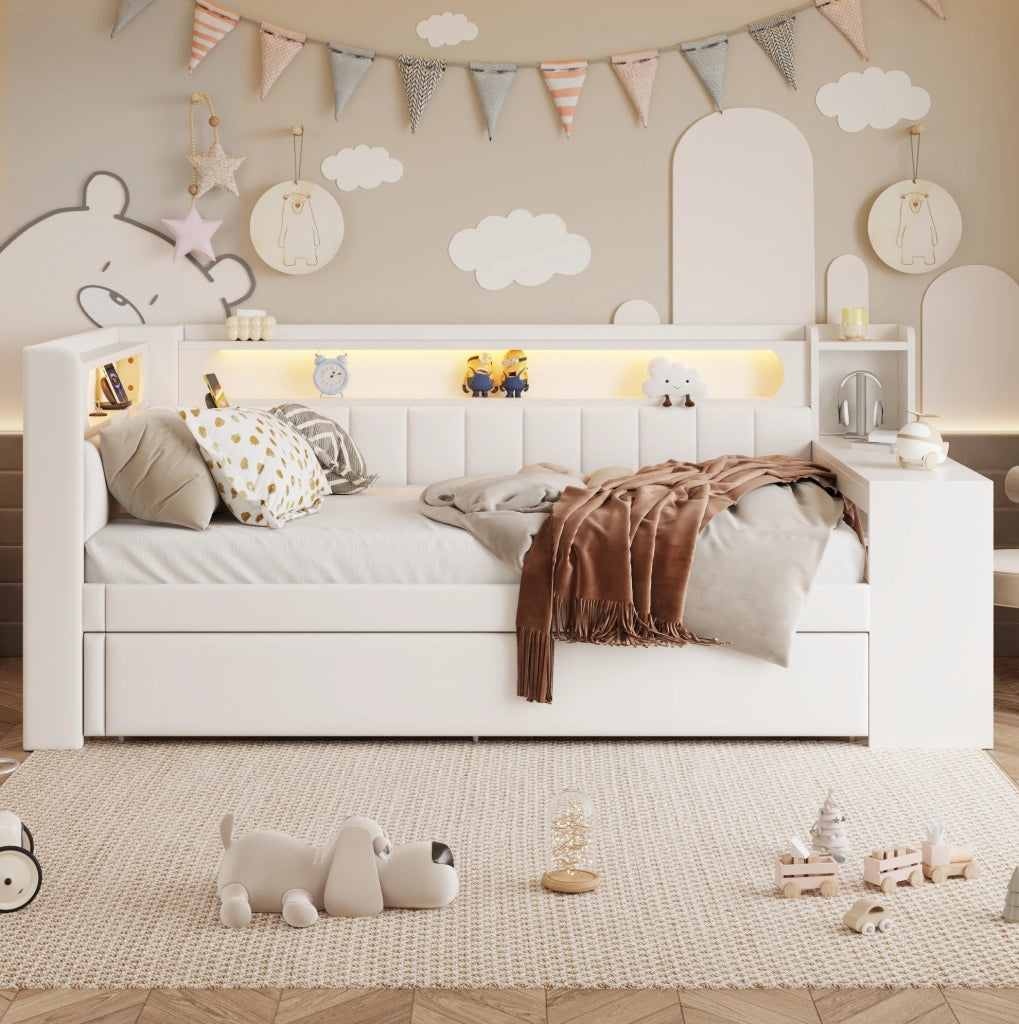 Letto 90x200 cm con letto estraibile; LED e USB in MDF; compensato e imbottito bianco