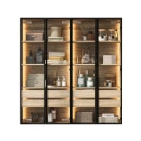 Set di 2 Armadietti Multiusi da Bagno con Illuminazione LED, 2 Cassetti e Ante, Vetro Satinato, 74×36×155 cm, Naturale