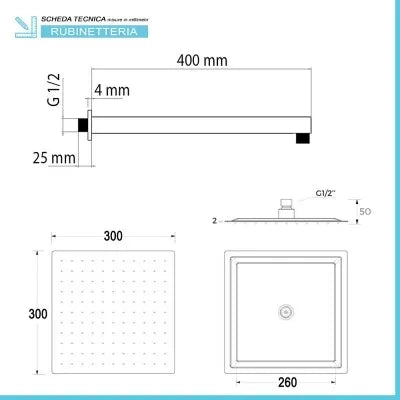 Set doccia quadrato cromo braccio 40 cm + soffione acciaio 30x30 cm