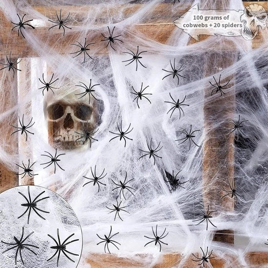Spettacolo di Halloween con Ragnatela 100g - Ragnatela Resiliente - 20 Spettri Neri di Halloween - Decorazione di Festa per Carnavale - Tavolo - Casa - Giardino