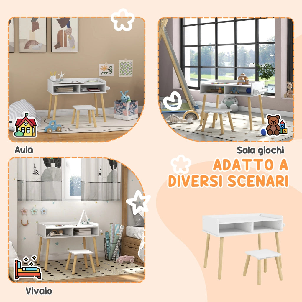 Tavolino Bambini con Sgabello e Piano Reversibile ¨C zephmum ¨C Bianco