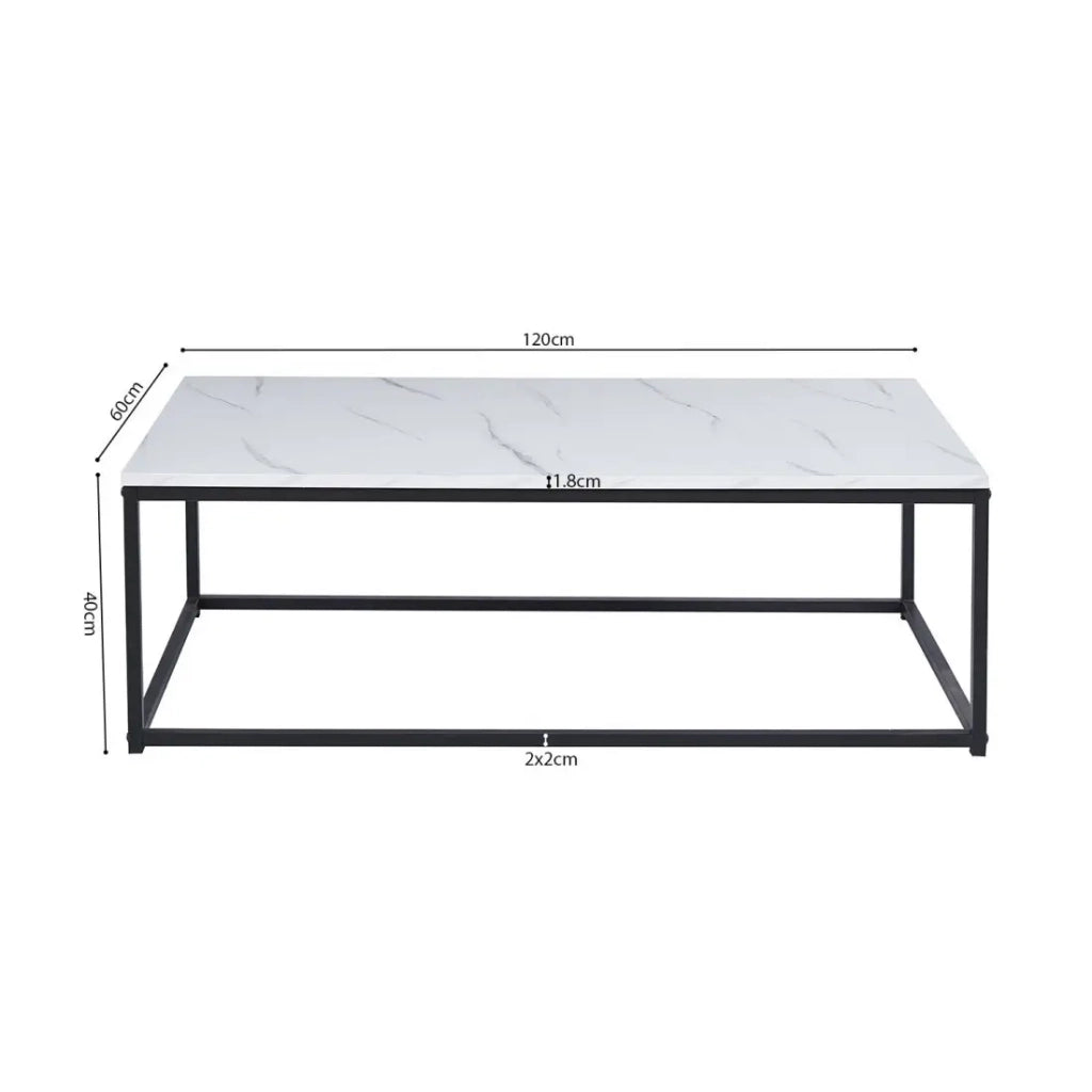Tavolino basso EWING – Effetto marmo bianco e metallo nero – Design rettangolare