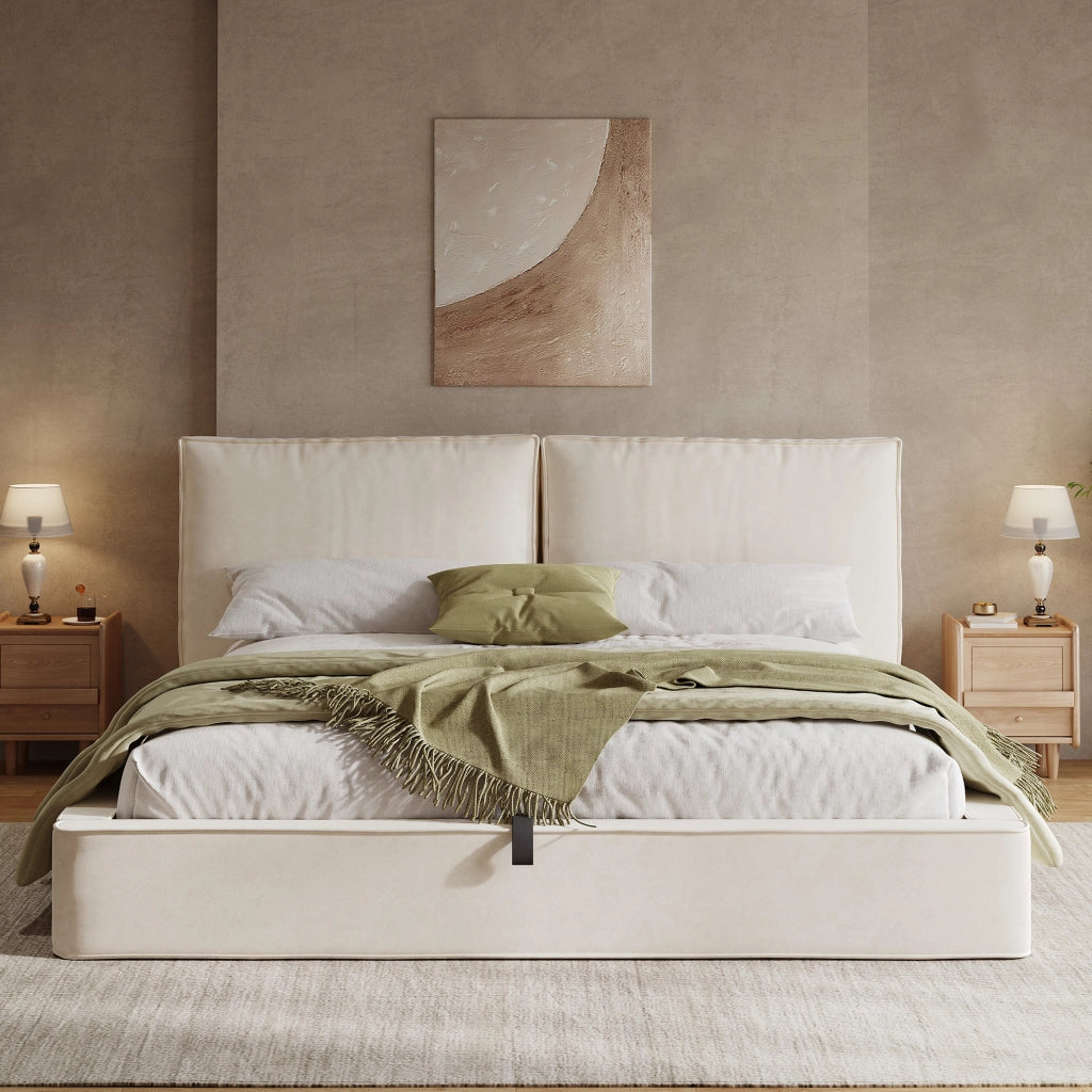 Letto imbottito 180x200 cm con contenitore idraulico in velluto beige