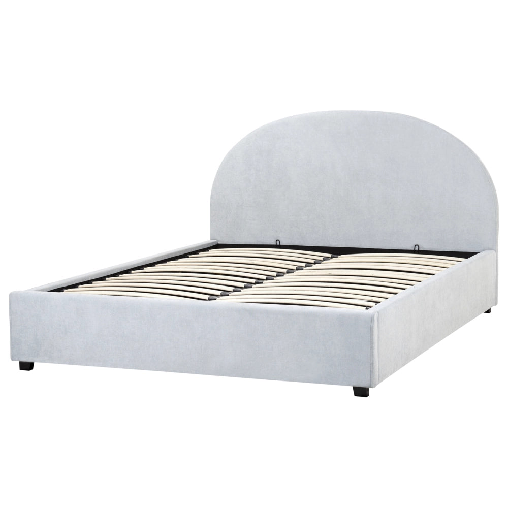 Letto contenitore matrimoniale imbottito tessuto di ciniglia azzurro retrò minimalista 160 x 200