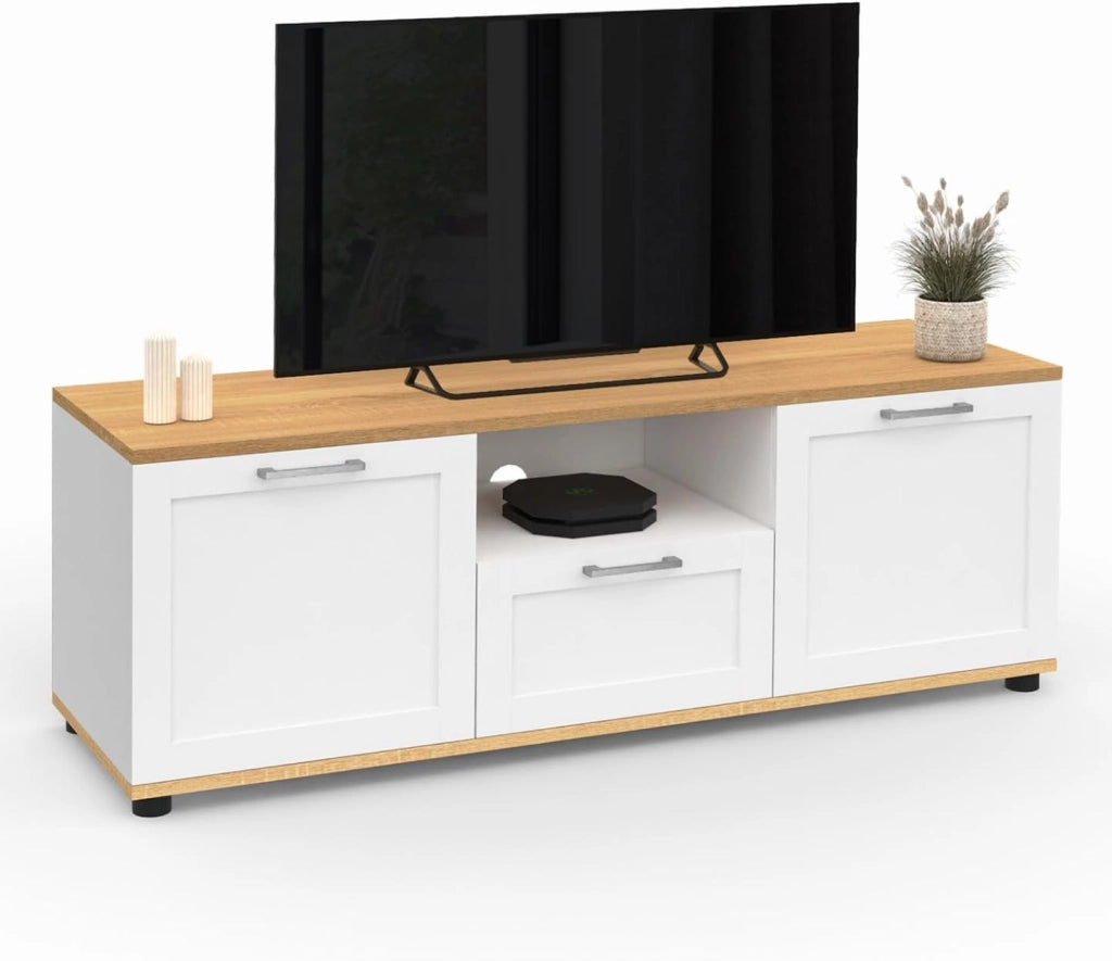 IDMarket - Mueble TV VITO con cajón y hornacina blancos y encimera de madera de 110 cm