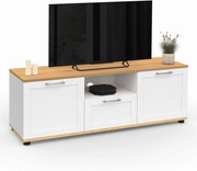 IDMarket - Mueble TV VITO con cajón y hornacina blancos y encimera de madera de 110 cm