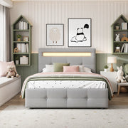 Letto singolo 90x200 cm imbottito con LED e 2 cassetti; grigio