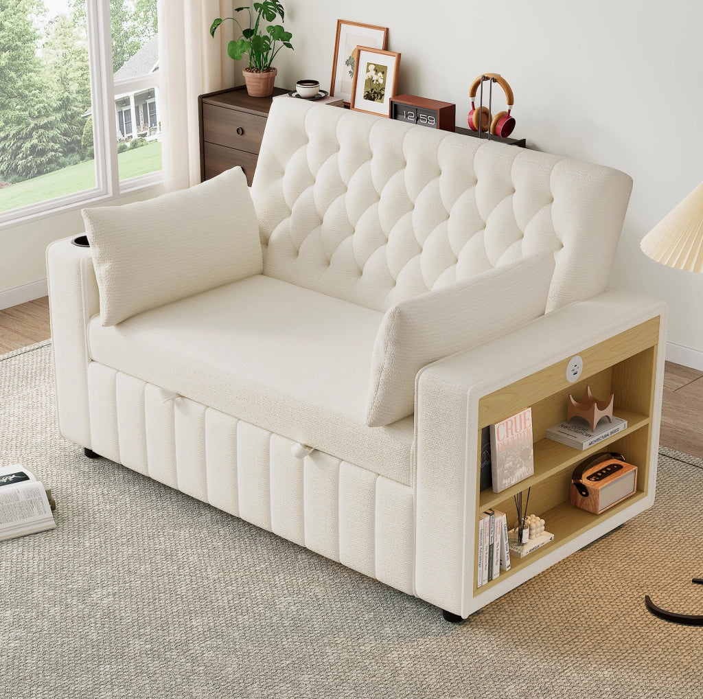 Divano letto 2 posti in chenille beige 140x137x84 cm con USB e schienale reclinabile
