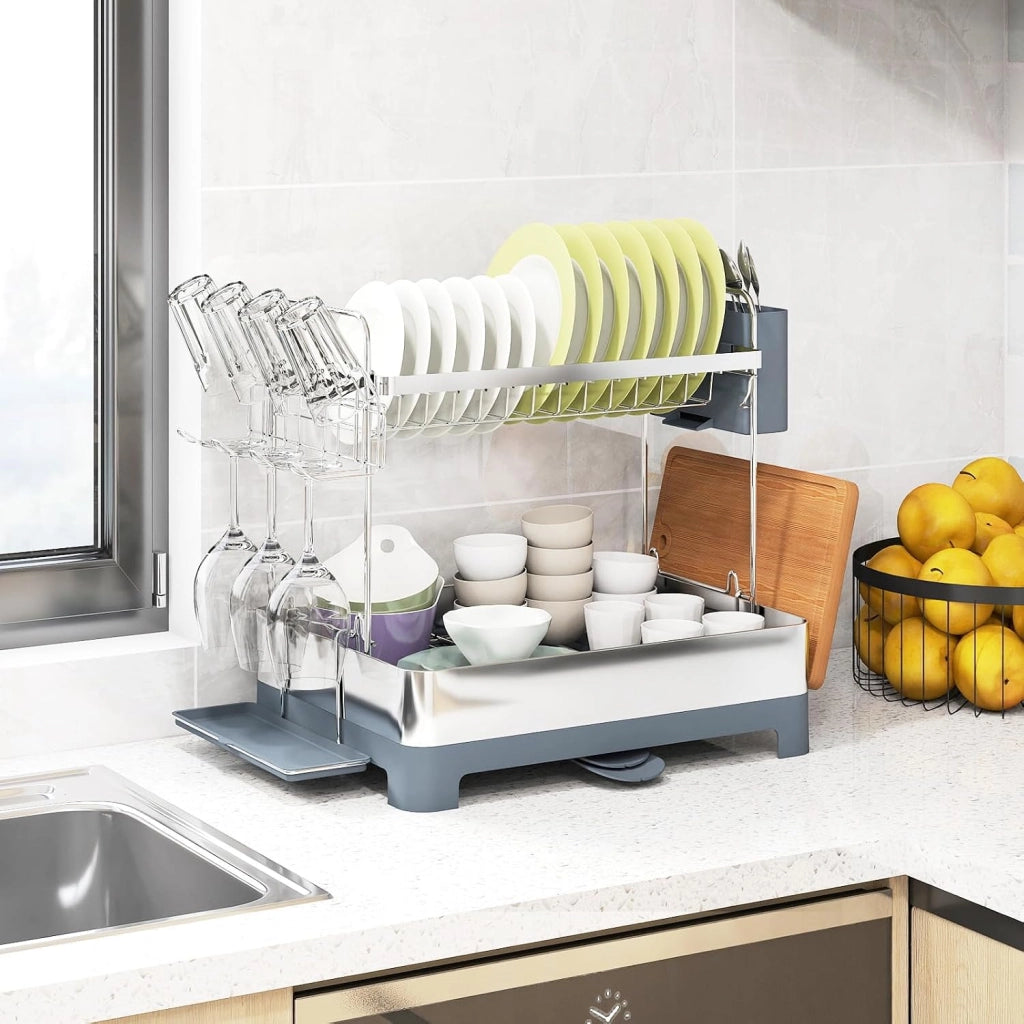 Scolapiatti in acciaio inox, scaffale organizzatore da cucina a 2 livelli con vassoio di scarico porta posate e secchio per posate, deposito cucina, 57 x 32 x 39,5 cm