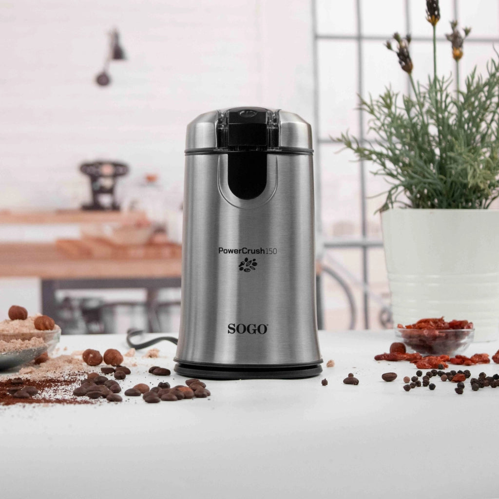Macinacaffè elettrico per caffè e spezie 150W, capacità 50g lame inox e corpo acciaio con funzione a pressione - Sogo