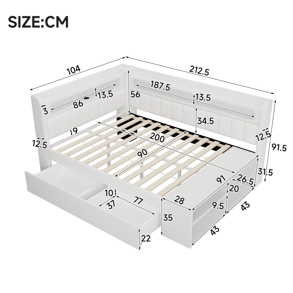 LETTO imbottito 90x200 cm bianco con USB, LED, scarpiera e 2 cassetti